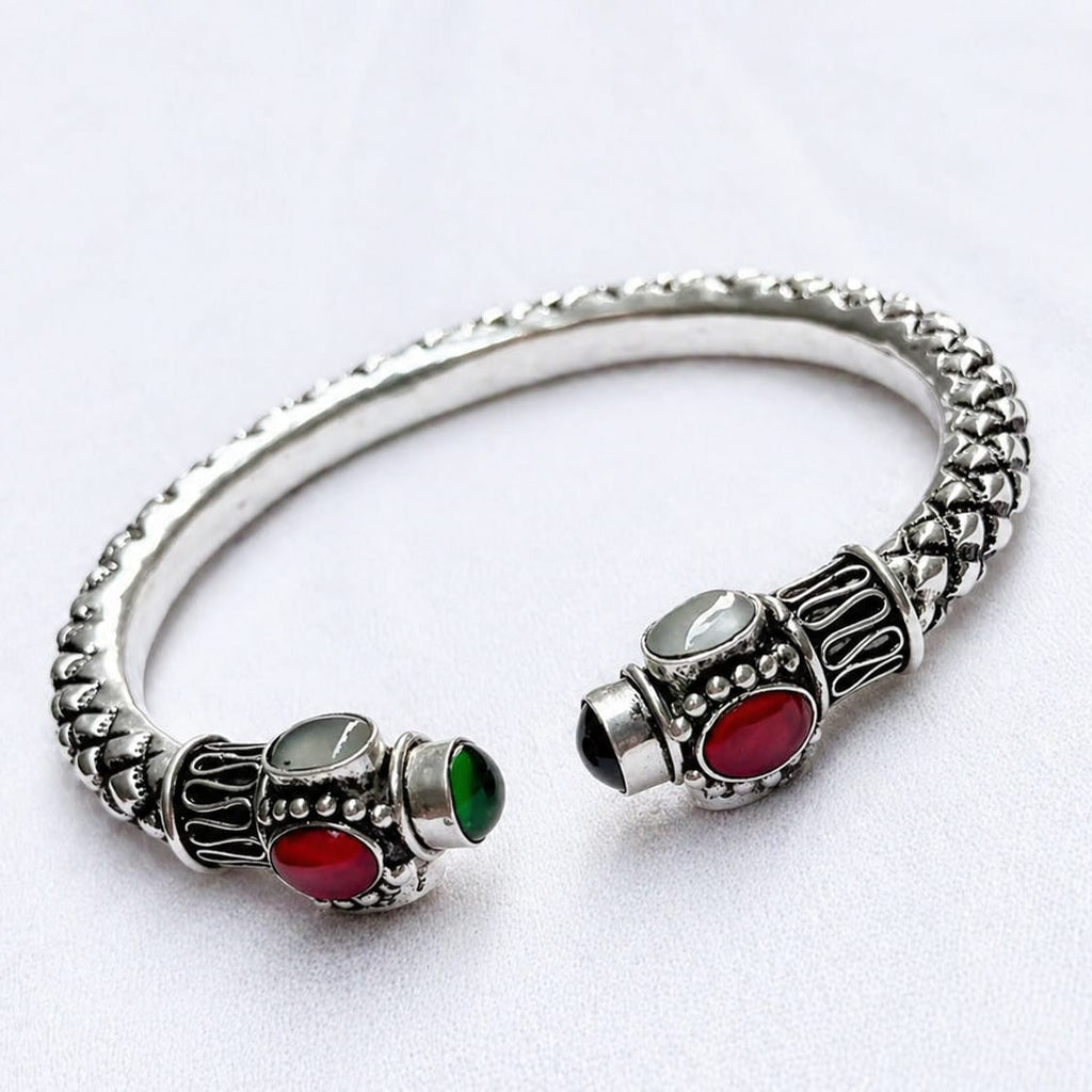 Vintage Tribal Silver Cuff Bracelet with Multicolor Gemstones