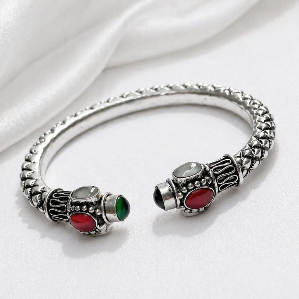 Vintage Tribal Silver Cuff Bracelet with Multicolor Gemstones