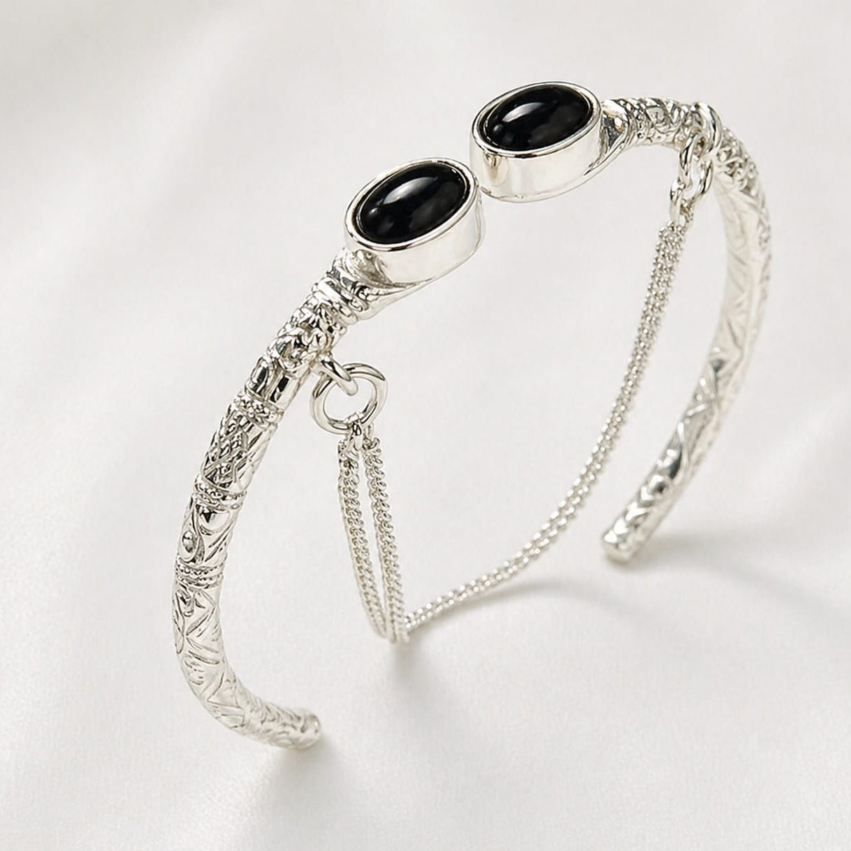 Elegant Silver Cuff Bracelet with Onyx Stones for Women